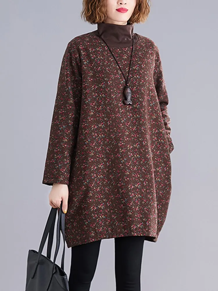 

Women Casual Dress New Arrival 2023 Autumn Winter Vintage Style Turtleneck Floral Print Loose Female Thick Warm Dresses B3132