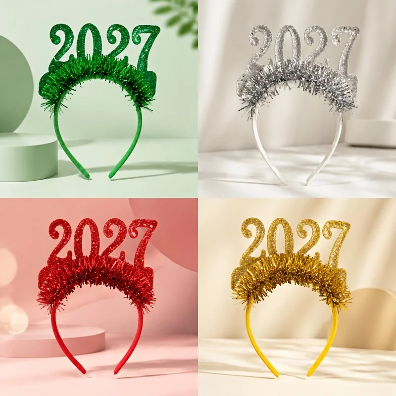 4pcs 2027 New Year Headband Glitter Number Tinsel Hair Hoop Happy New Year Party Photo Booth Costume Accessory