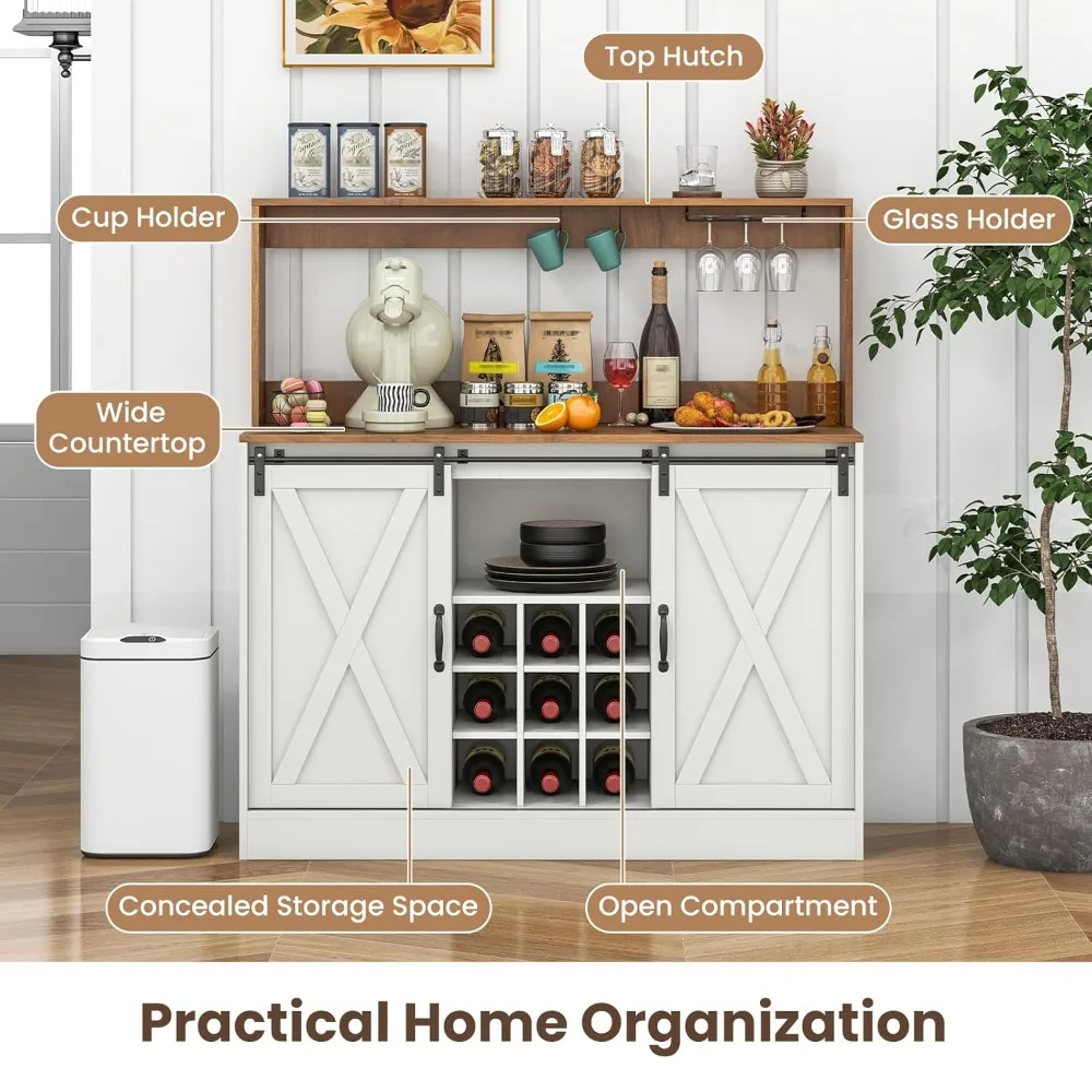 

Farmhouse Buffet Cabinet with Hutch, Outlet, 9 Bottle Wine Rack, Glass Holder, Hooks, Sliding Barn Door, Adjustable, Customized