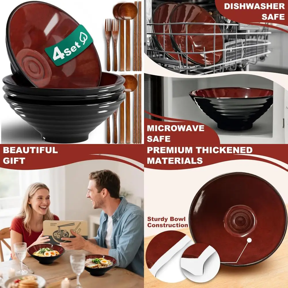 

Japanese Ceramic Ramen Bowls Set - 4 Pieces, 9.4 Inch, Dishwasher and Microwave Safe, Ideal for Noodles, Salad, Cereal, Pasta, a