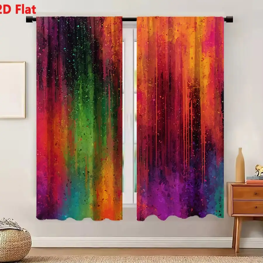 2Pcs Curtains 2D Flat Vibrant Abstract Art With Vertical Streaks And Splatters Of Deep Purple Magenta Orange Yellow Green And Te