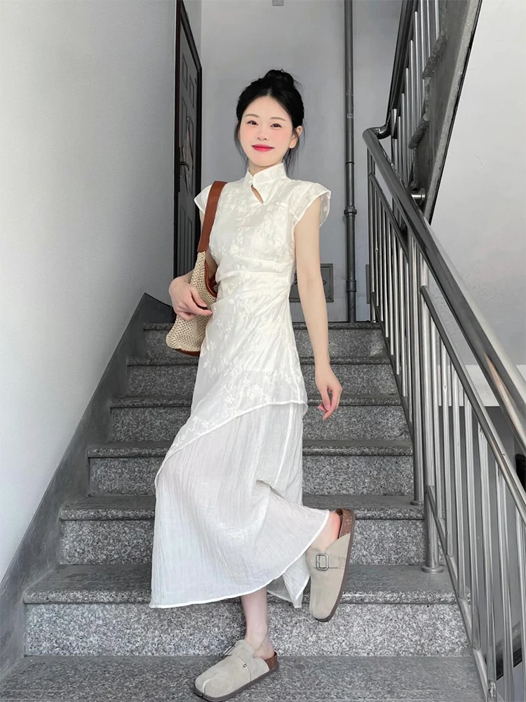 جديد الصينية Sle المطرزة الدكتور المرأة الصيف تصميم الإحساس غير المستوية الخصر Cinching التخسيس الجنية تنورة طويلة