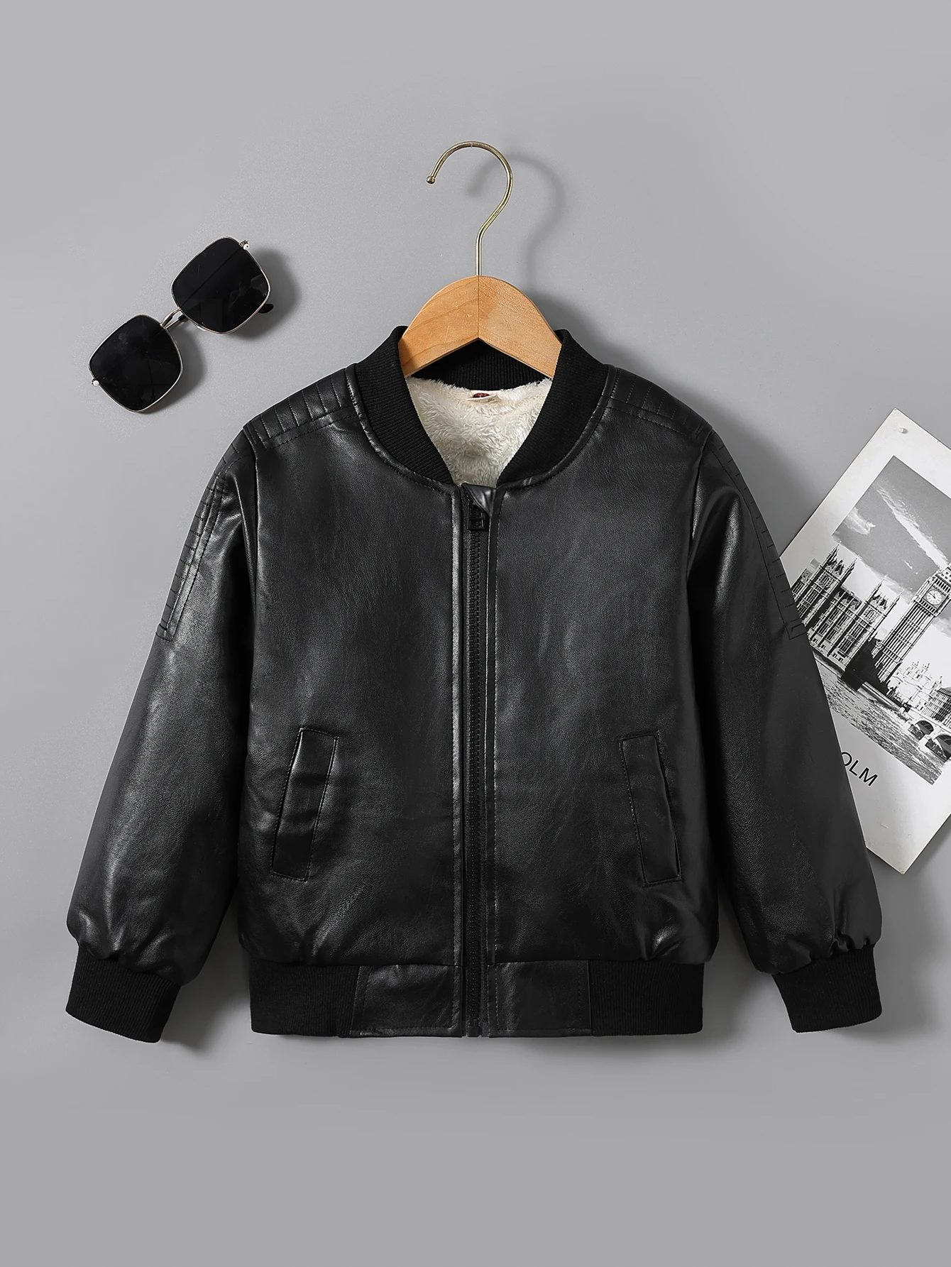 Children's Clothing Boys' Spring and Autumn Pu Leather Jacket, Retro Stylish High-End Jacket, Trendy Biker Jacket, Easy to Clean Classic Baseball Jacket, Outerwear