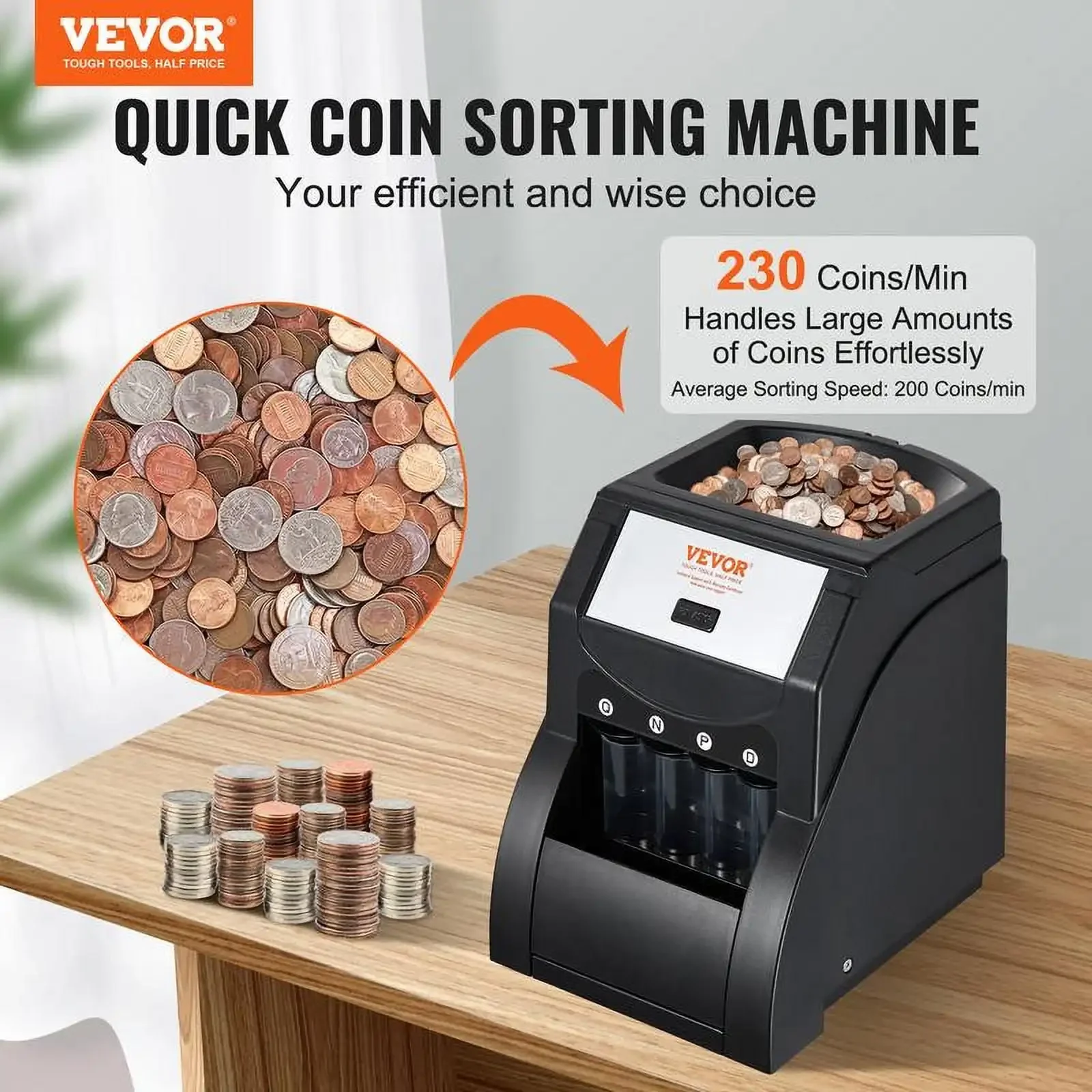 USD Coin Sorter, Coin Sorter Machine for USD Coin 1￠ 5￠ 10￠ 25￠, Sorts up to 230 Coins/min, Coin Sorter and Wrapper Machine