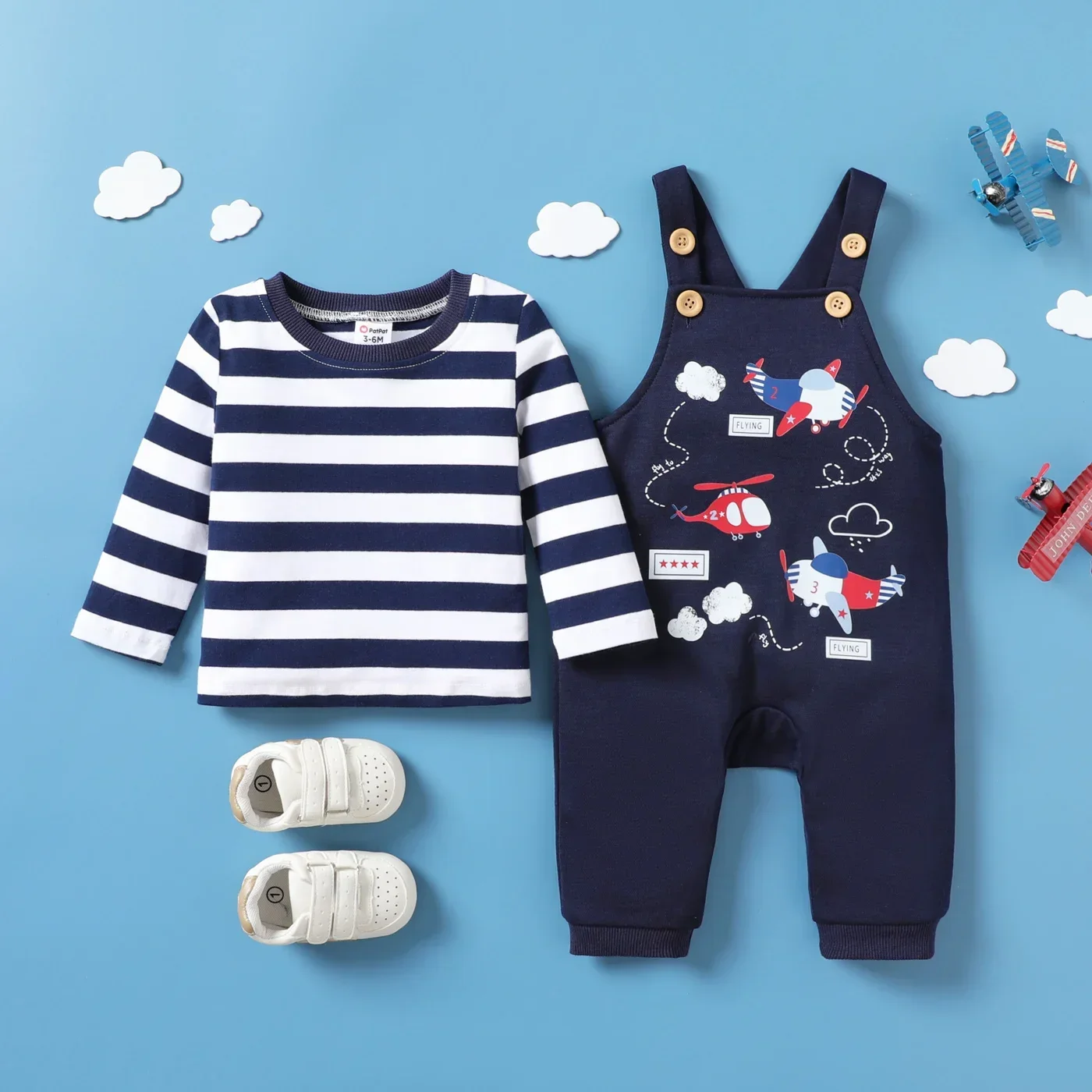 PatPat 2pcs Baby Boy Airplane Pattern Hanging Strap Set Soft and Comfortable  Perfect for Outings and Daily Wear Basic Style