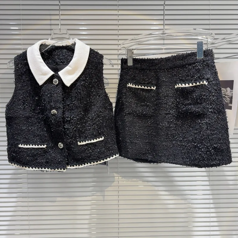 

BORVEMAYS Autumn New Lapel Sleeveless Single-breasted Slim Vest + A-line Mini Tweed Skirts Casual Two-piece Sets WZ9130