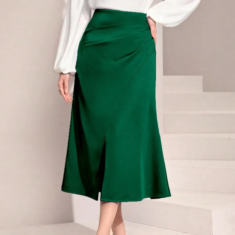 

Luxe Satin Mermaid Skirt Women's High Waist Ruched Maxi Side Slit Hidden Zipper Sexy Yet Comfortable Evening Elegance Comfort