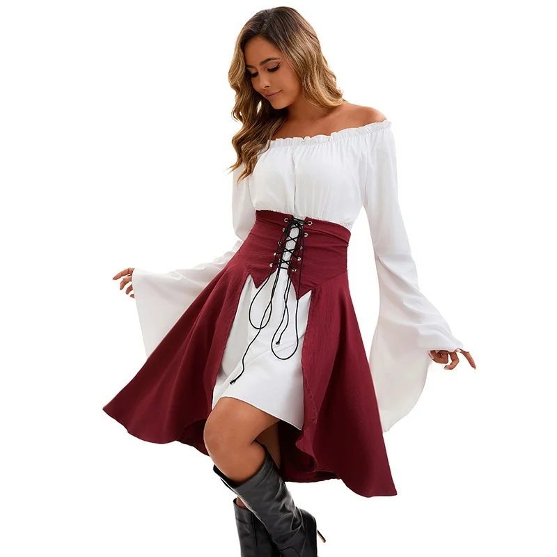 Medieval Renaissance Long Sve Waist-Cinched Top Pirate irt Dr Women's Stage Performance Costume Chinese Production