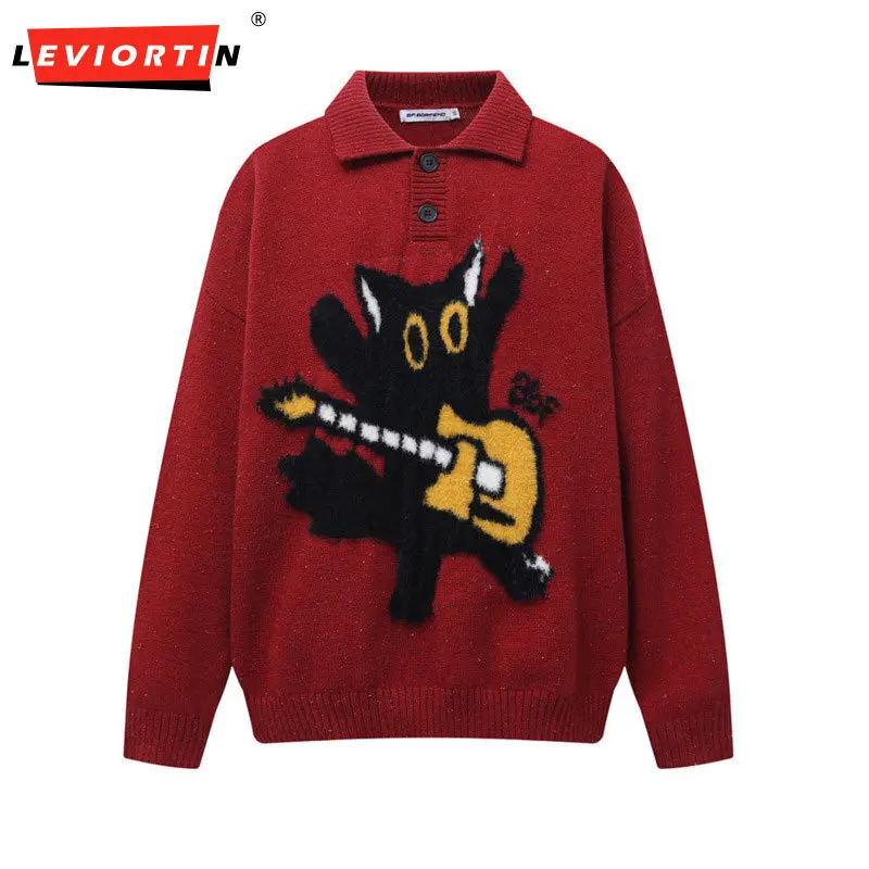 

Мужской осенне-зимний вязаный свитер в ленивом стиле с длинными рукавами и воротником-поло с забавным мультяшным жаккардовым лацканом, свободный свитер