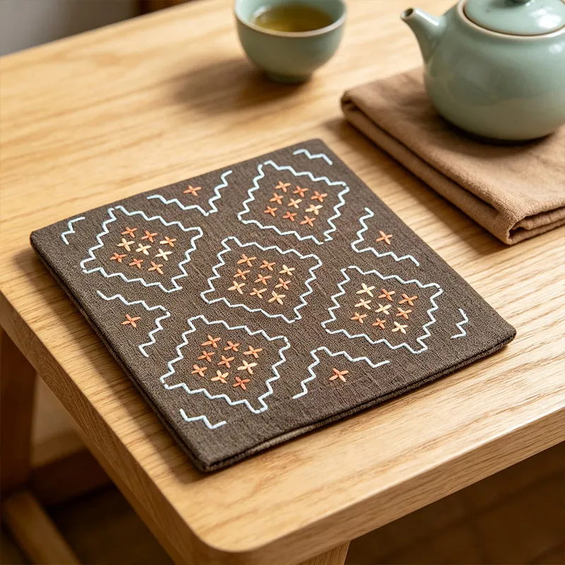 

4Pcs Sashiko Coaster Embroidery Kit Persimmon Flower, DIY Hand Sewing Supplies with Preprinted Cotton Fabric Thread
