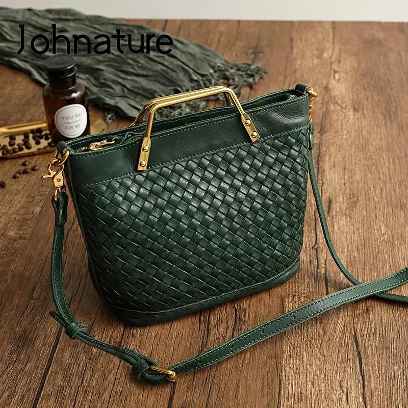 Johnature Hand Woven Women Bag Genuine Leather Vintage Handbag Simple Solid Color Natural Cowhide Shoulder & Crossbody Bags