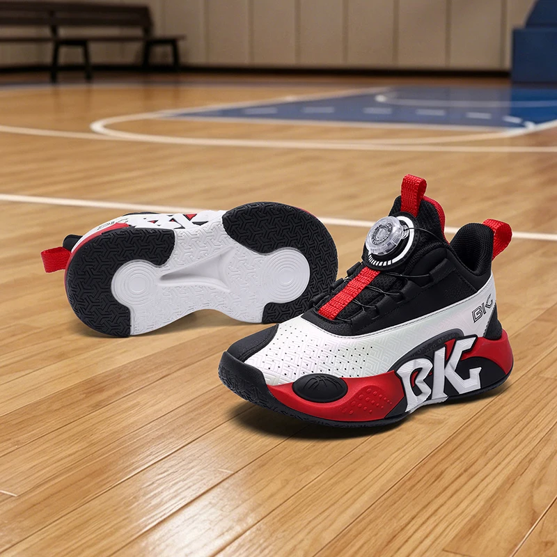 A pair of children's color rotary basketball sneakers breathable upper for school PE ankle support XN-319-1