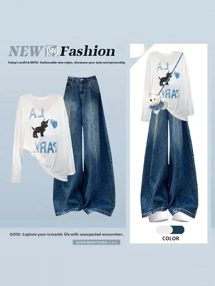 

Korean Pattern Thin T-irt Wide Leg Jeans Two Piece Set Spring Gentle Sle Whole Set Women's Faion Ensemble