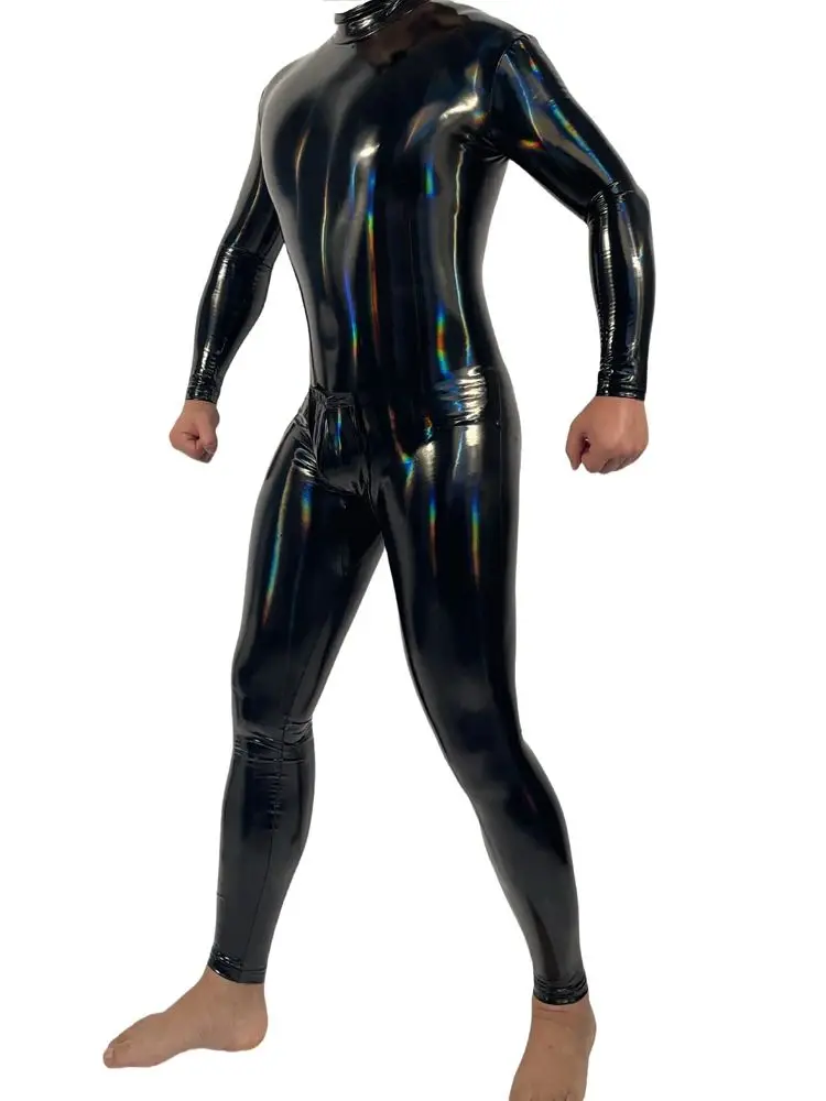 M-4XL Mens Laser Colorful Wet Look Catsuit Shiny PU Leather Bodysuit Tights Cosplay Leotard Conjoined Unitard Jumpsuit Shapers