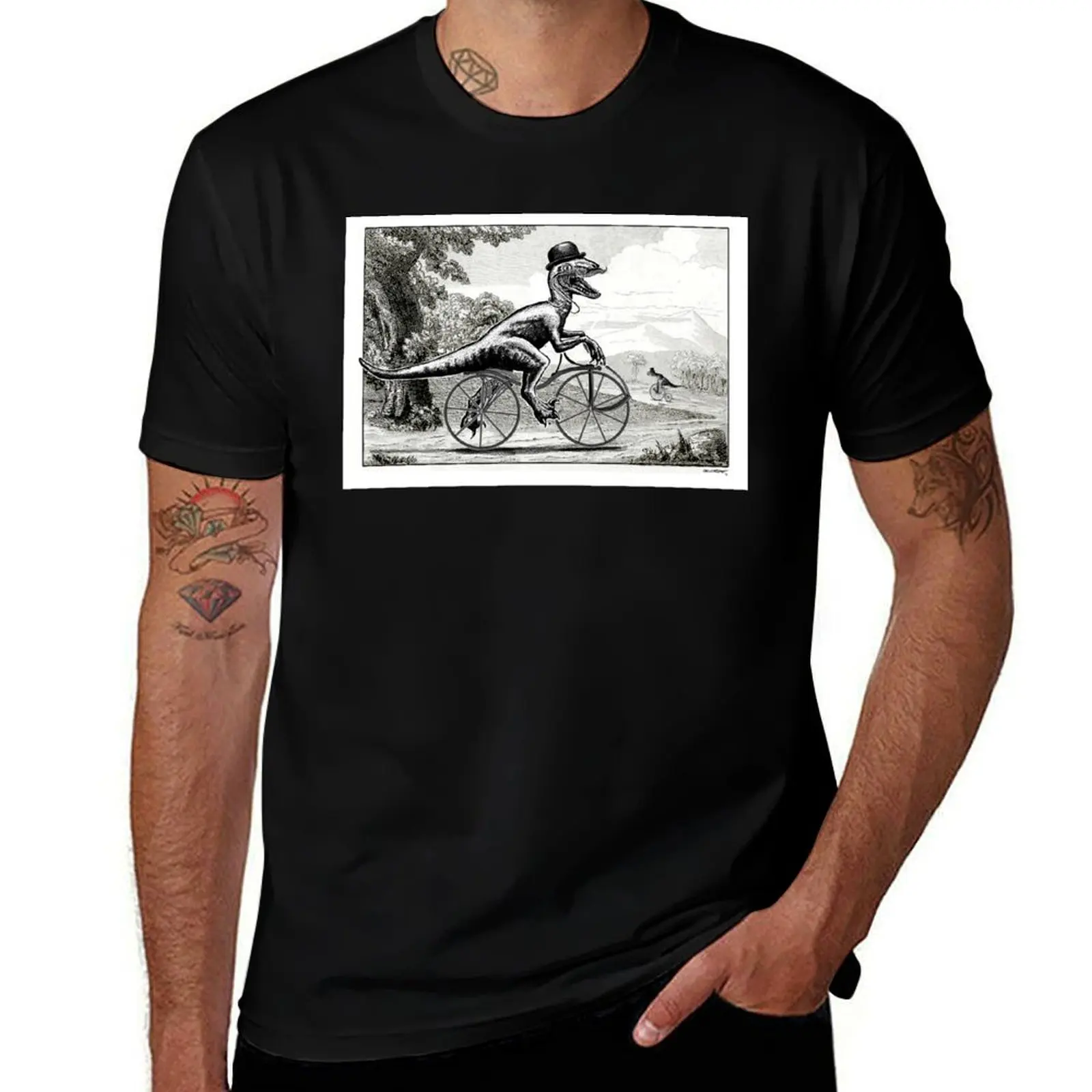 Velociraptor on a Velocipede T-Shirt Street Style Casual Tee Shirt T-Shirt