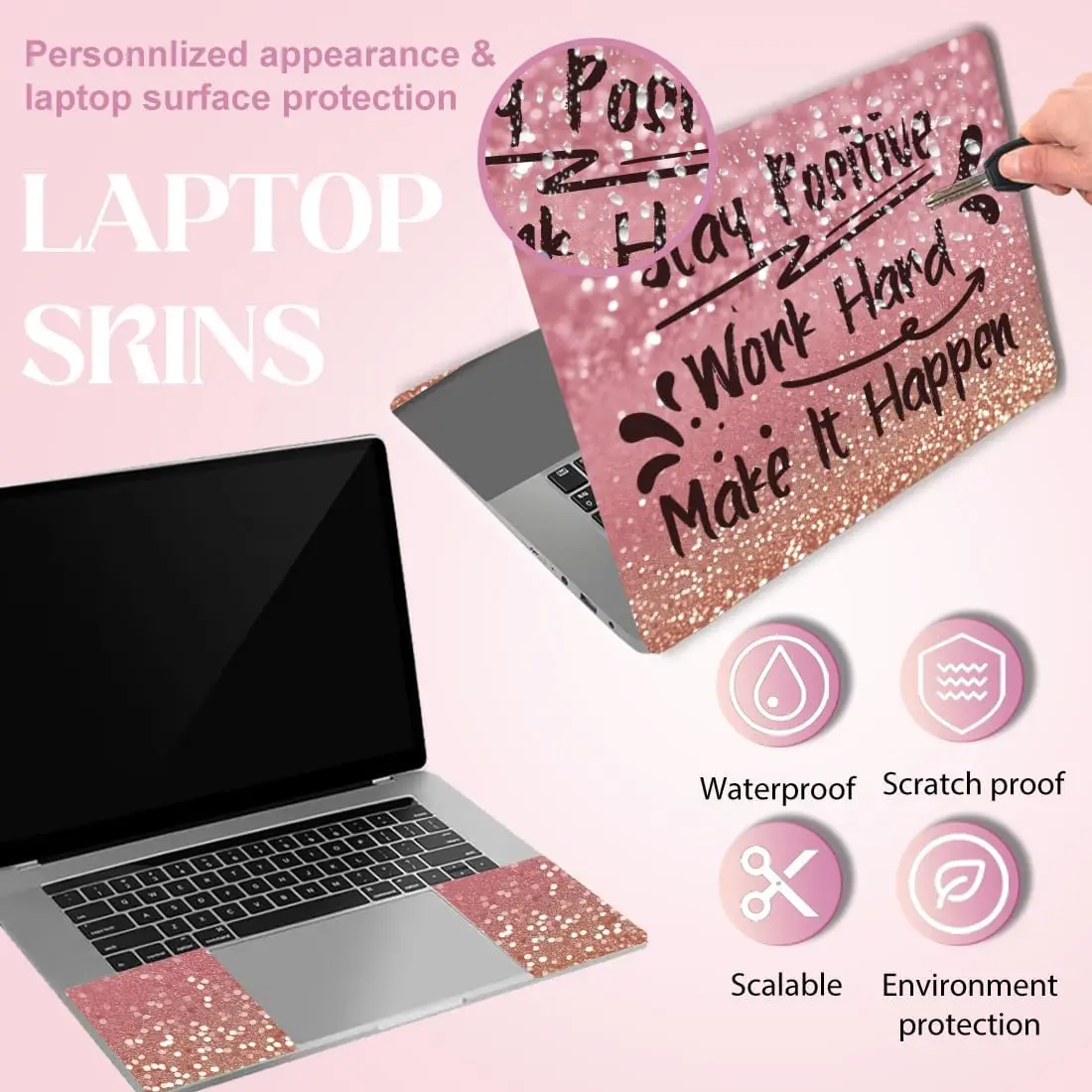 Gradient Rose Gold Glitter Laptop Decal Inspirational Slogan Removable PVC Notebook Skin Waterproof Decor Sticker For Girls
