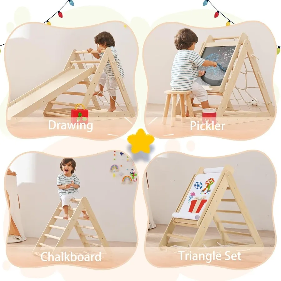 Juego de escalada plegable para niños pequeños 12 en 1, con tobogán, red de roca, barras de mono, tablero de dibujo, columpio y recogedor
