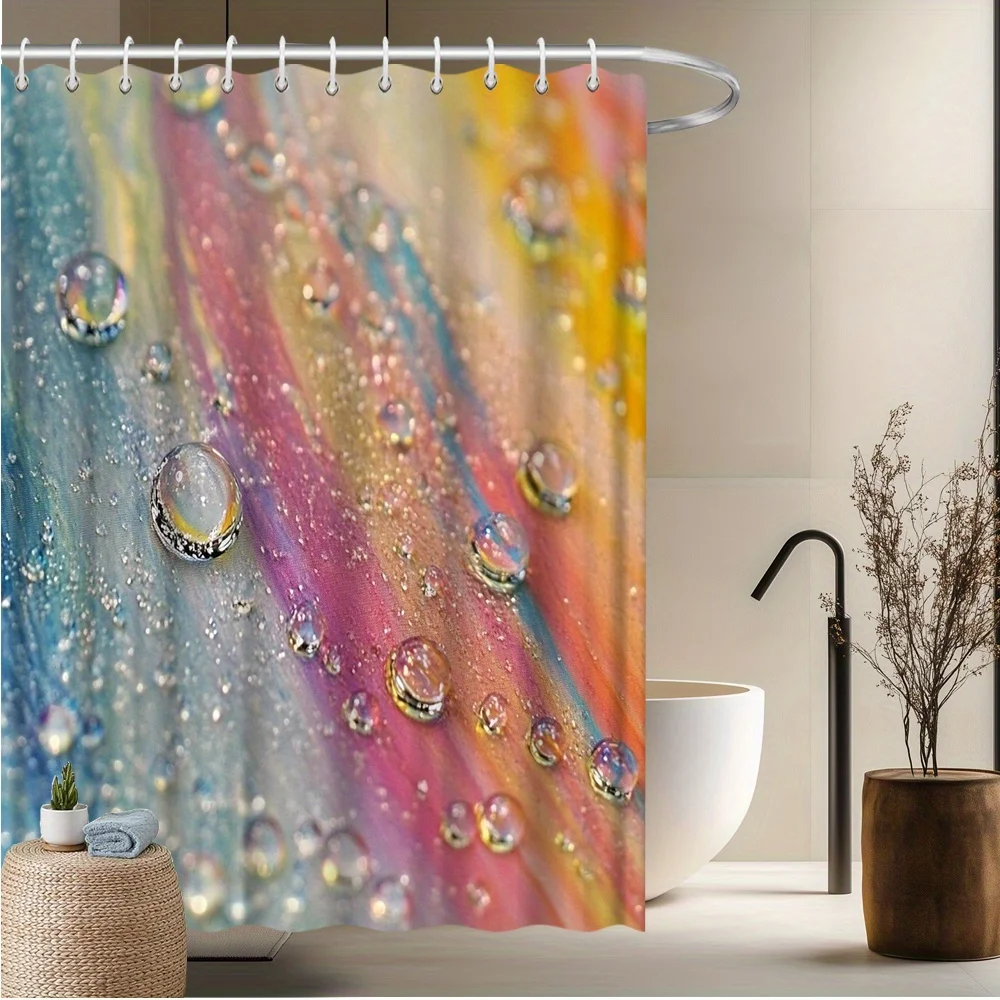 Water Droplets Shower Curtain, Vibrant Abstract Colors, Anti-Fade Polyester, 12 Hooks, Machine Washable, Modern Design
