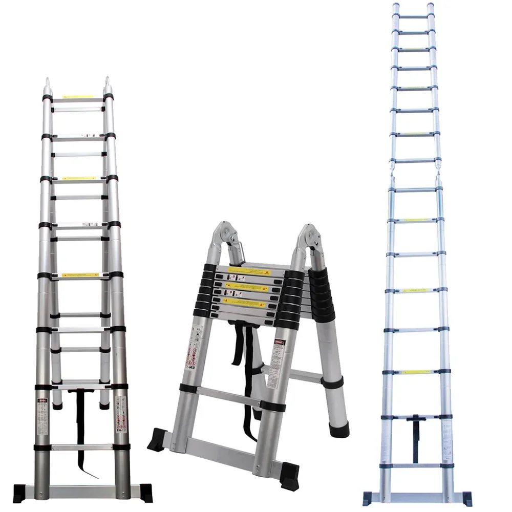 5M Telescopic Folding Ladder with Stabilizer Bar, Extension Ladder A-Frame Multi-Purpose Folding Ladder 330lb Capacity