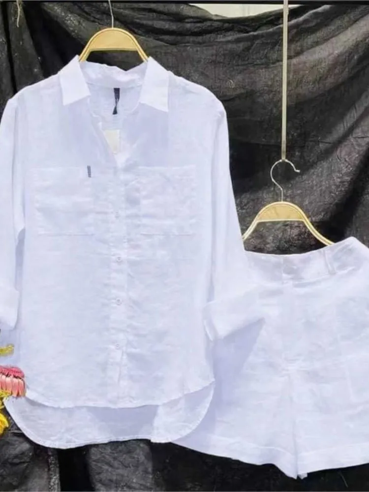 

Lady Fashion Solid Set Casual Turn-down Collar Long Sleeve Shirts Tops+High Waist Shorts 2 Piece Sets For Women Clothes New