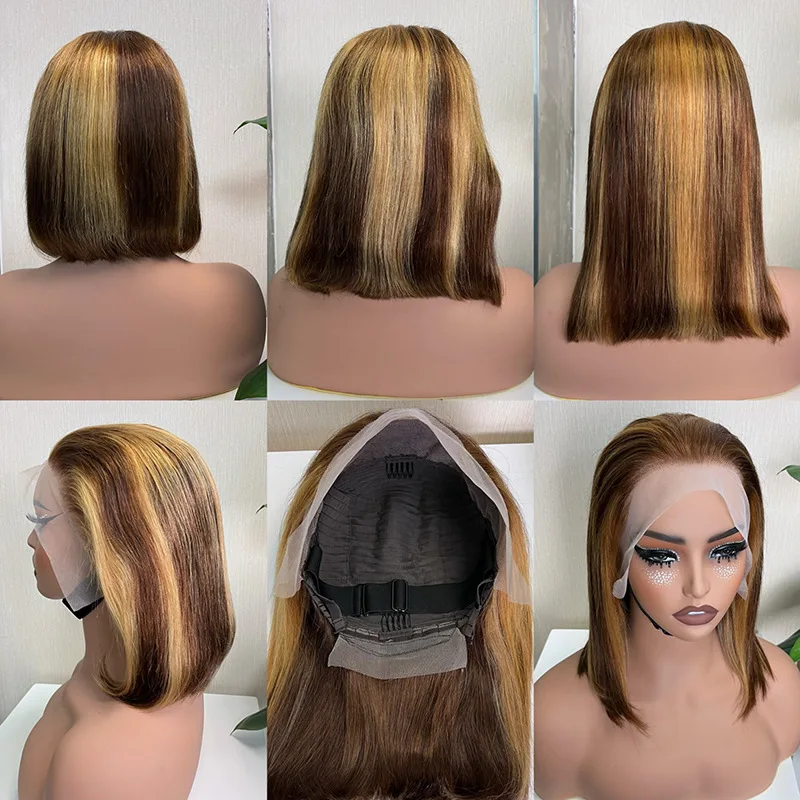 Perruque Bob Lace Wig naturelle brésilienne, cheveux vierges, ombré blond miel, 13x4, 8-14 pouces, pre-plucked, densité 180%