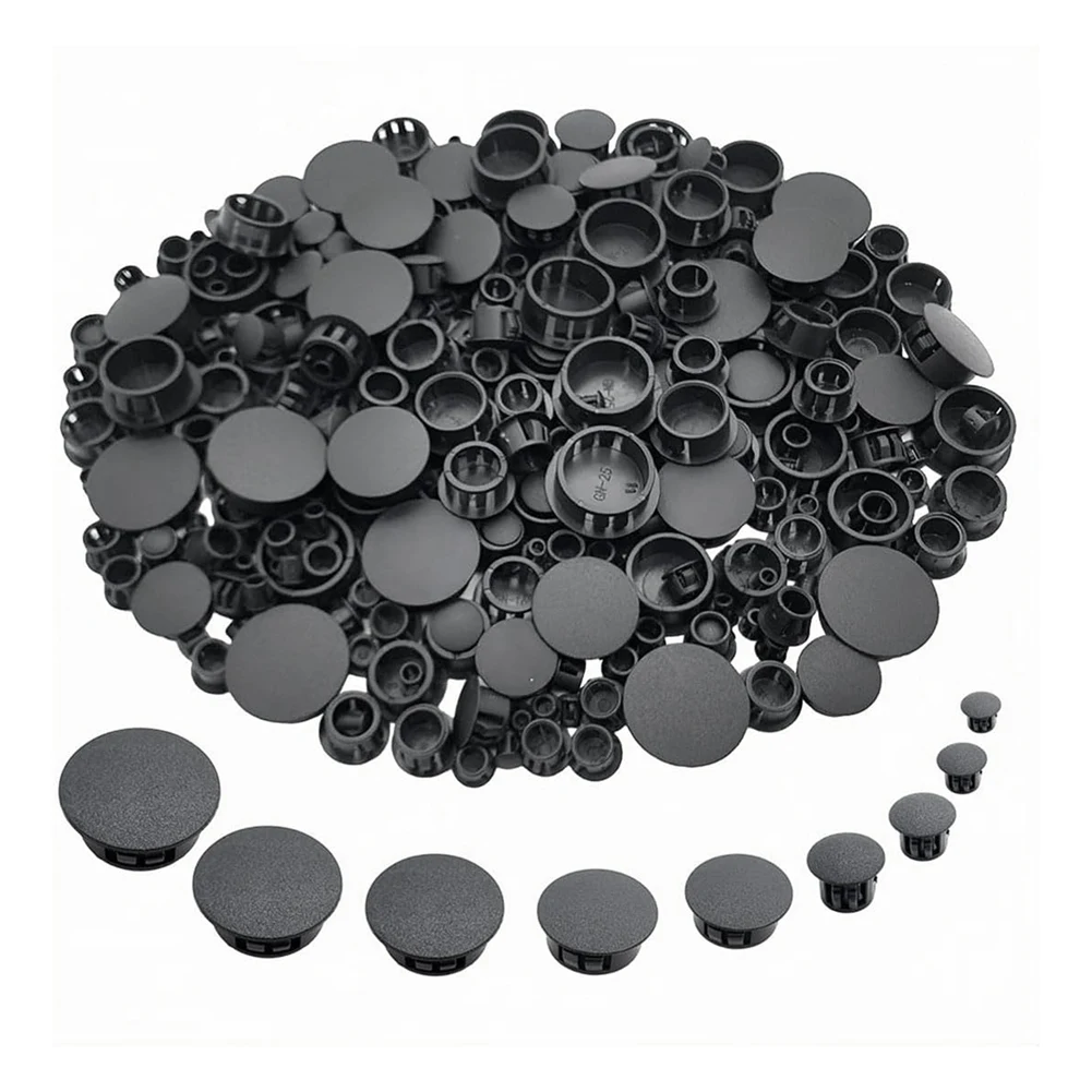 360 PCS 9 Sizes Plastic Hole Plugs Flush Type Hole Plugs Snap in Locking Hole Tube, Furniture Fencing Post Pipe Black