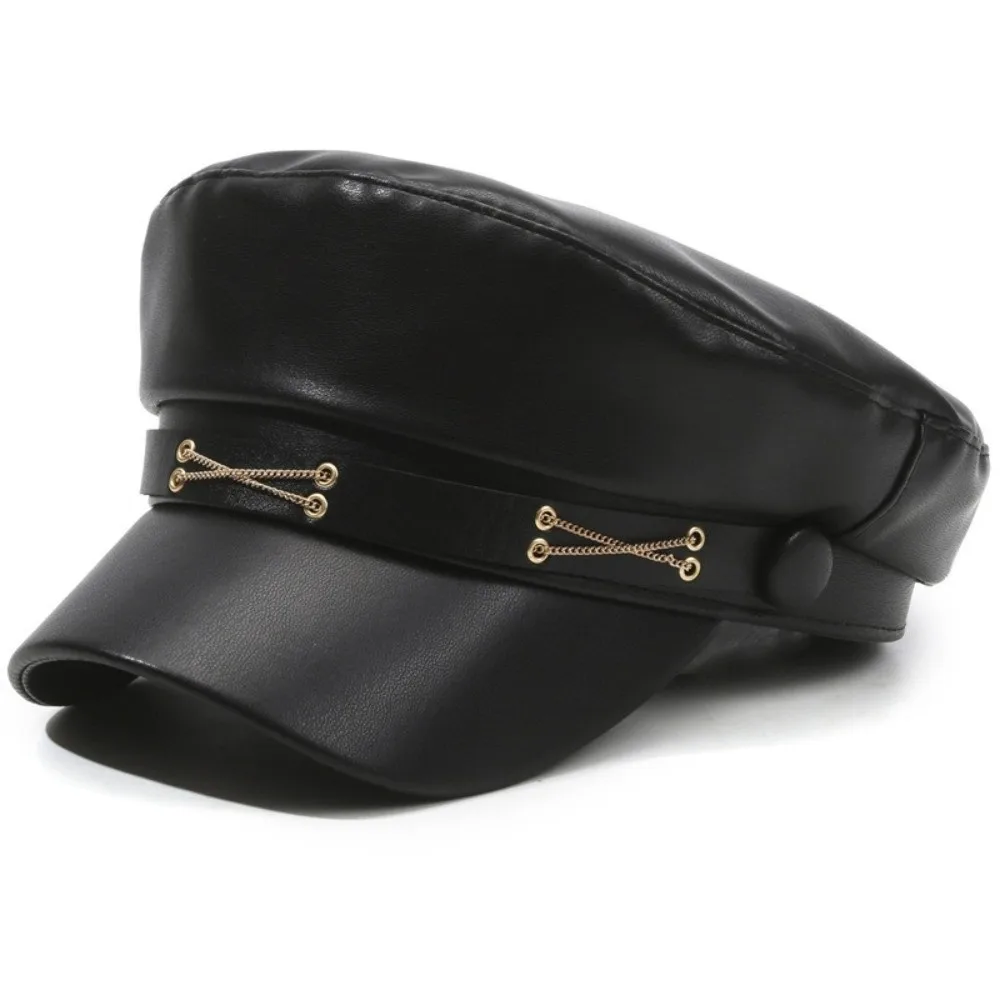 

Retro Flat Top Beret Hat PU Leather Black Painter Hat Adjustable Punk Style Newsboy Cap
