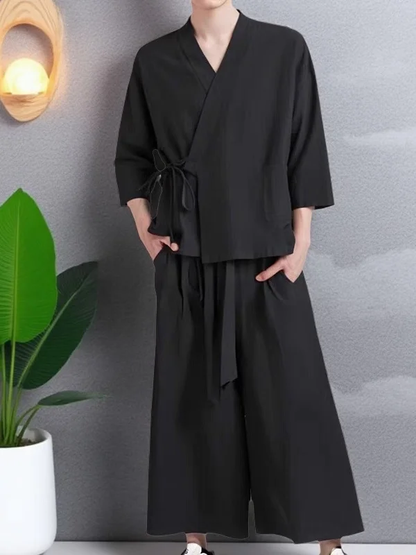 

Повседневный комплект из хлопка и льна для мужчин, весна-осень-лето, тонкие свободные широкие брюки с девятью штанами Seven Sve Dao Pao, традиционный китайский ...