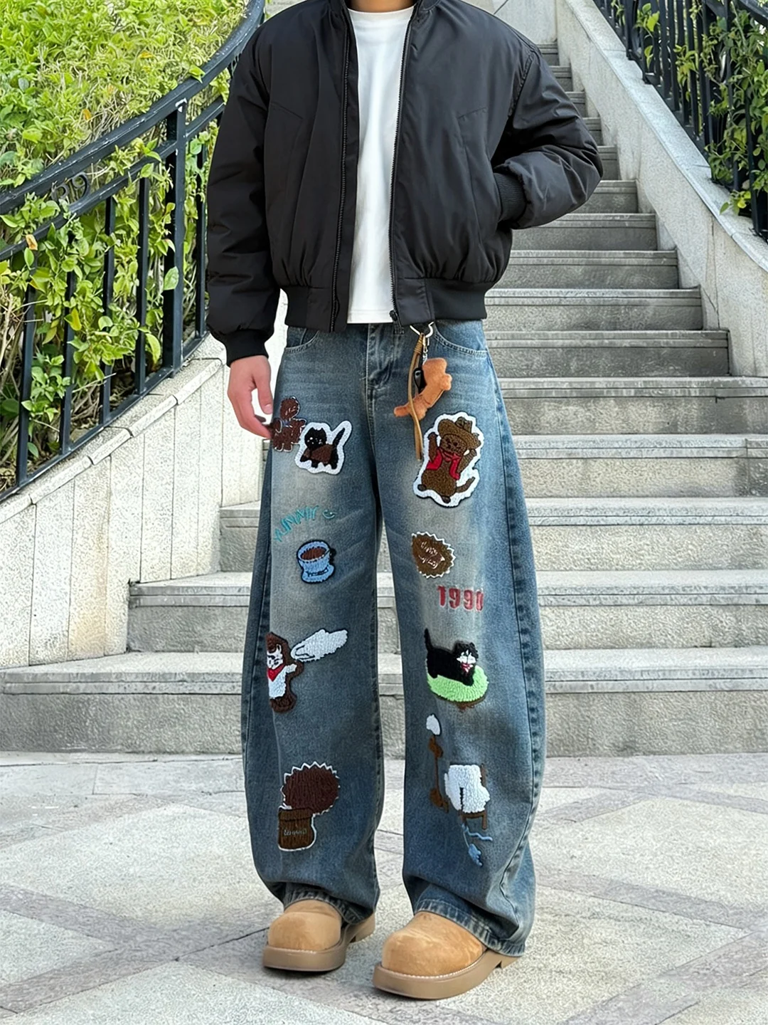 

Мужские джинсы с широкими штанинами и вышивкой в стиле ретро, синие, с мультяшным принтом, повседневные, прямые, слегка расклешенные, молодежные, для отдыха