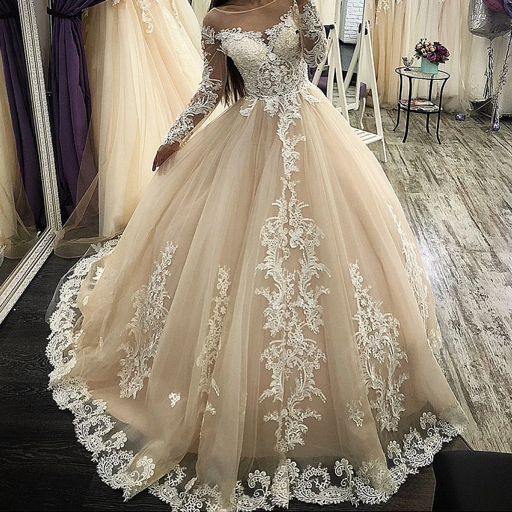 

Graceful and Delicate Appliques A-Line Wedding Dresses Lace Buttons Floor Length Tulle Crew neck Long Sleeves Sweep Train Gowns