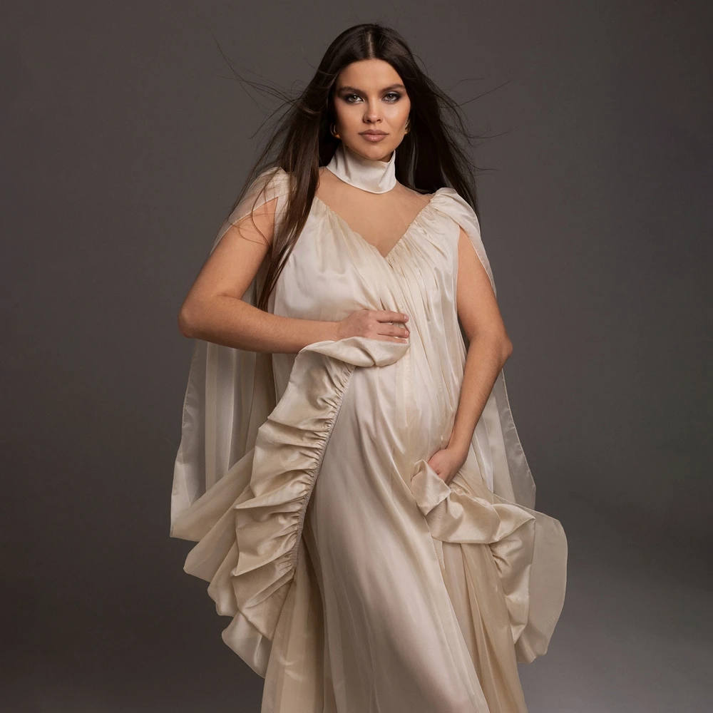 Maternity Photography Dress V Neck Cape Gown Pregnant Photoshoot Outfit Baby Bump Long Sleeve Elegant - view 3