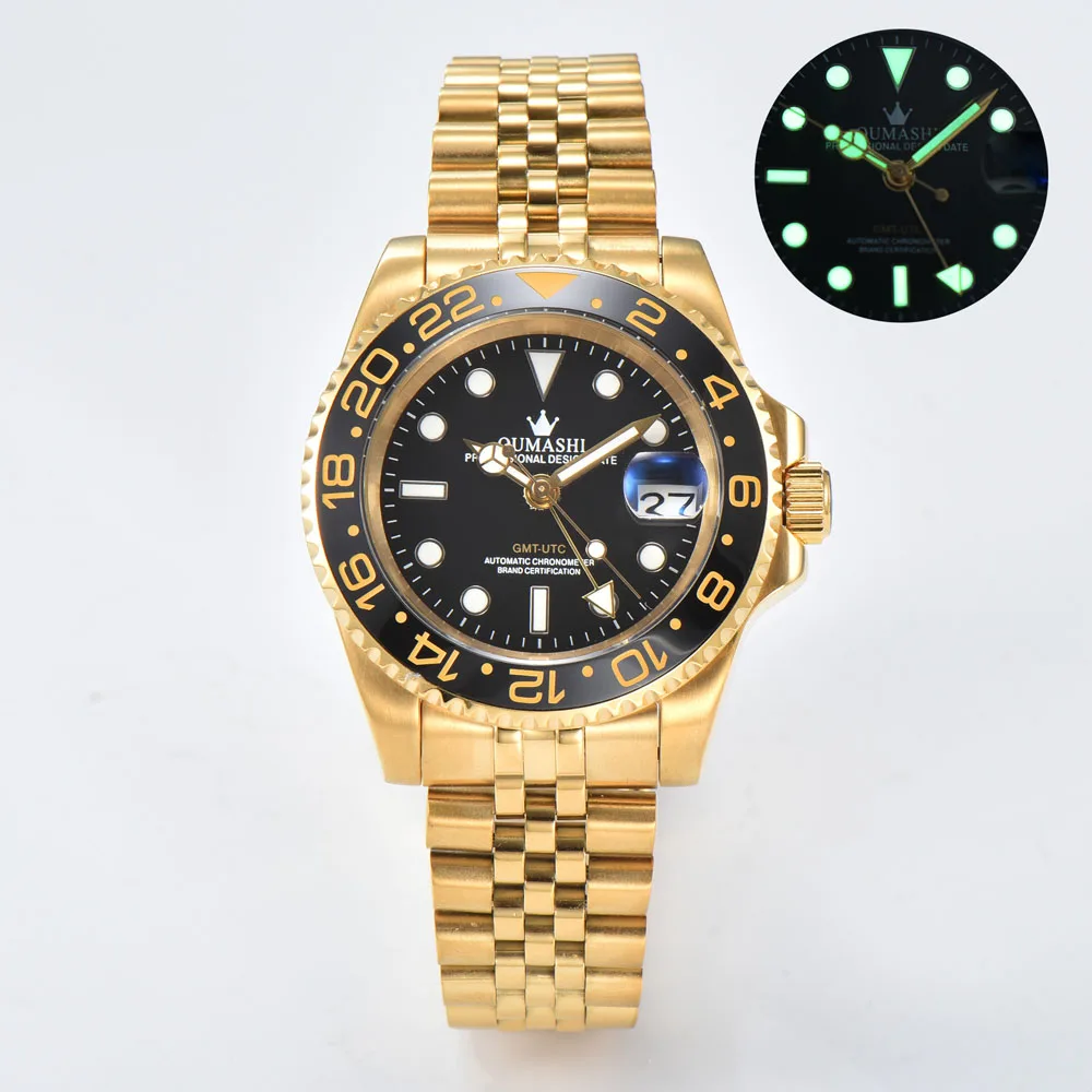 40 มม.หรูหราผู้ชายธุรกิจนาฬิกา GMT นาฬิกา NH34 คอกซ์ BEZEL และของแท้ญี่ปุ่น NH34 การเคลื่อนไหวอัตโนมัติที่กำหนดเองโลโก้