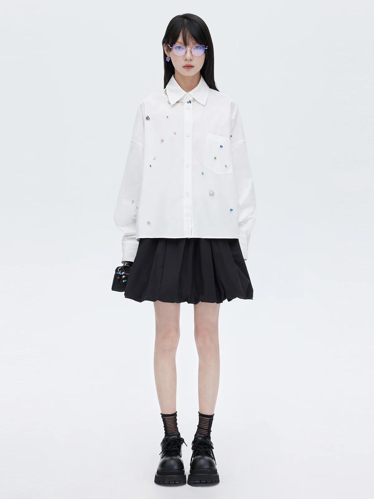 

Heavy-Weight Cotton White irt Women's Loose Long Sve Hand-Made Embellied Diamond Spring 2026 Commute Sle Korean Version