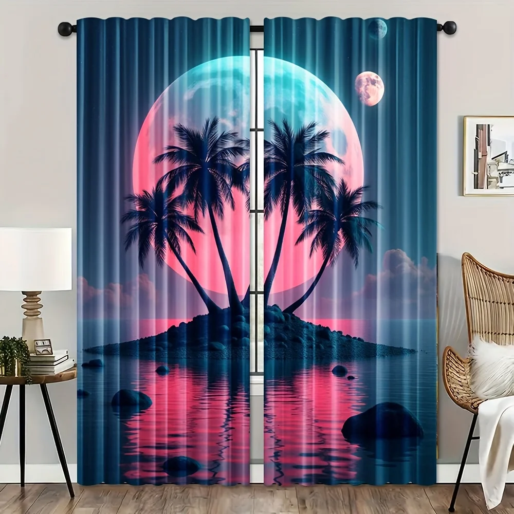 2pcs Tropical Sunset Curtains - Vibrant Palm Tree & Moon Design, Light-Filtering Polyester Fabric, Rod Pocket for Easy Hanging,