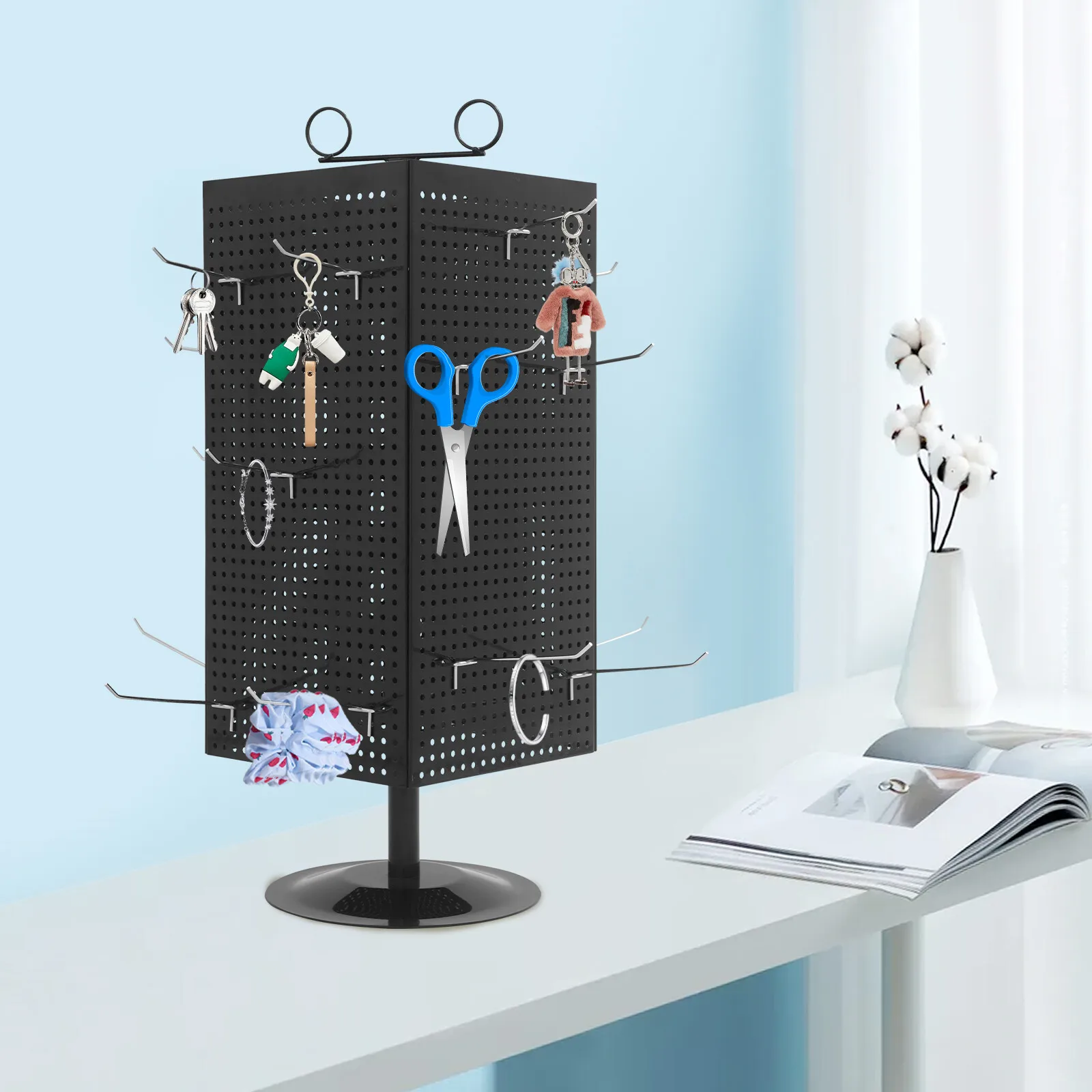 

4-Side Countertop Rotatable Perforated Board Display Stand Round Bottom 360° Rotating With 20* Hooks