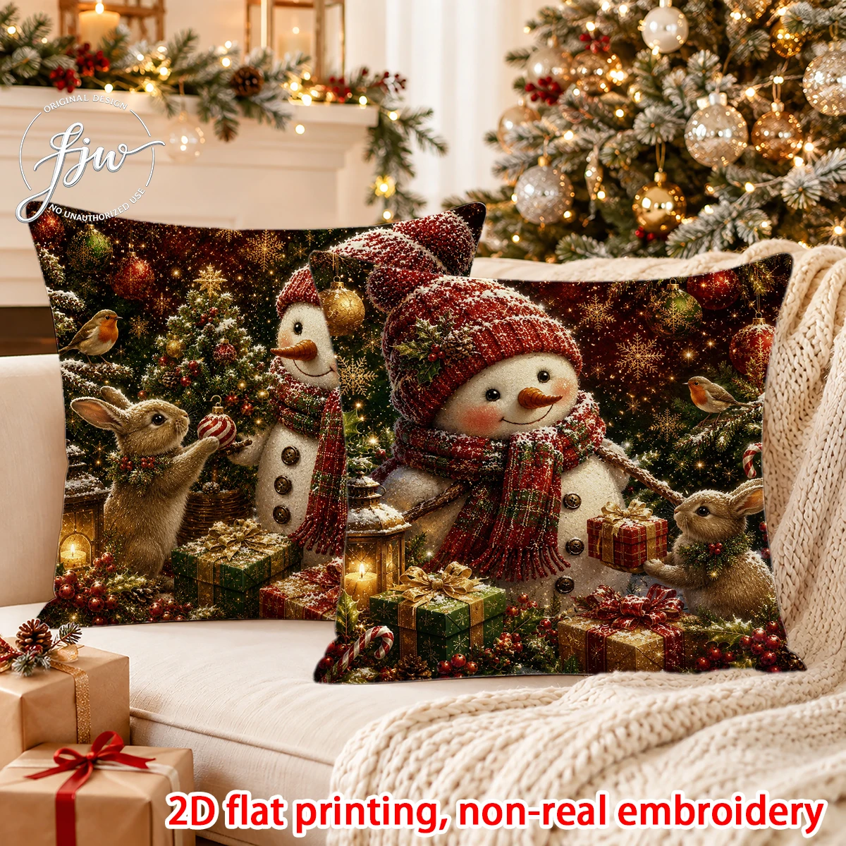 2pcs Christmas Throw Pillow Covers Vintage Xmas Reindeer Santa Snowman Holiday Cushion Cases for Sofa Bed Couch