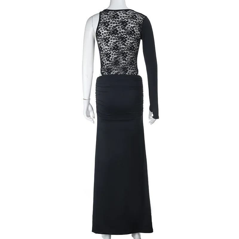 Women Sexy Club Party 2 Piece Set 2025 Autumn Lace Patchwork One Shoulder Long Sleeve Bodysuits Tops + Ruched Bodycon Maxi Skirt