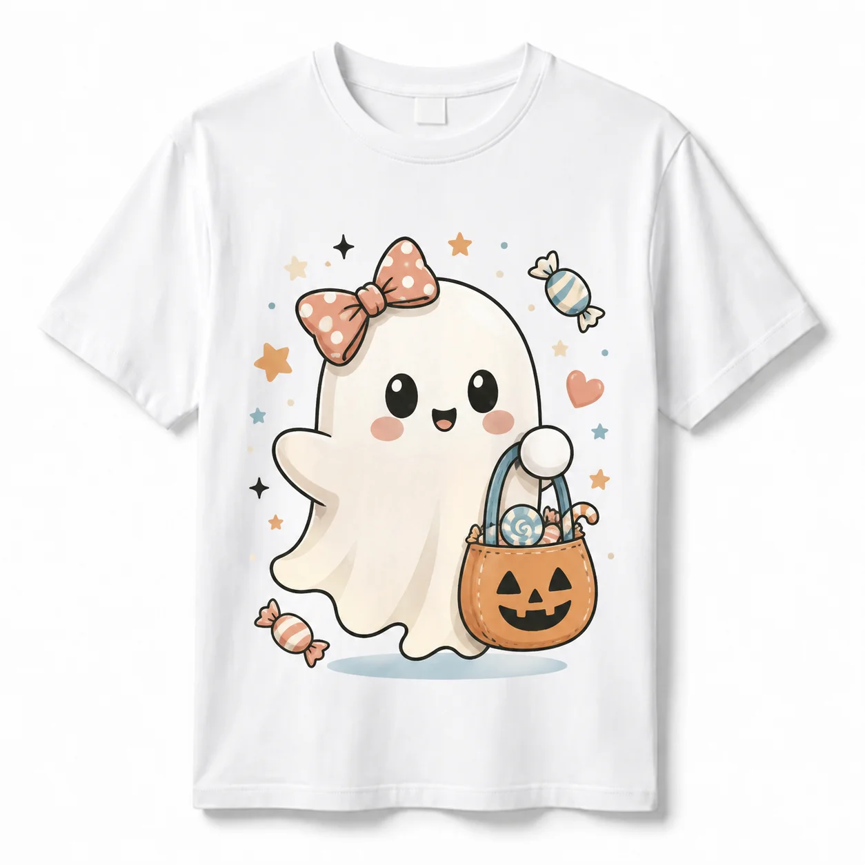 100% Cotton Cute Smiling Ghost Pink Bow Pumpkin Candy Graphic Tee Women Halloween Trick Or Treat Fall Casual Top