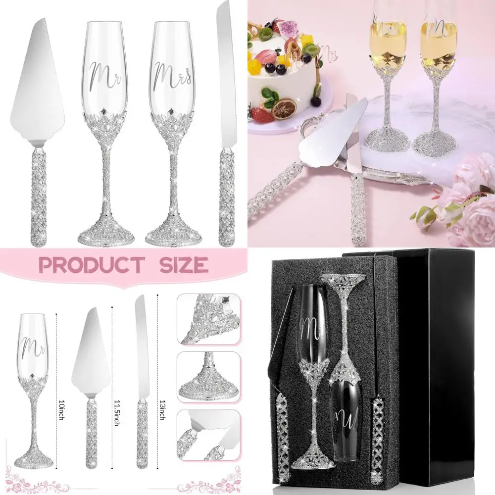 

Wedding Cake Knife and Champagne Flutes Set, Crystal Rhinestone Glasses, Toasting Accessories for Special Occasions