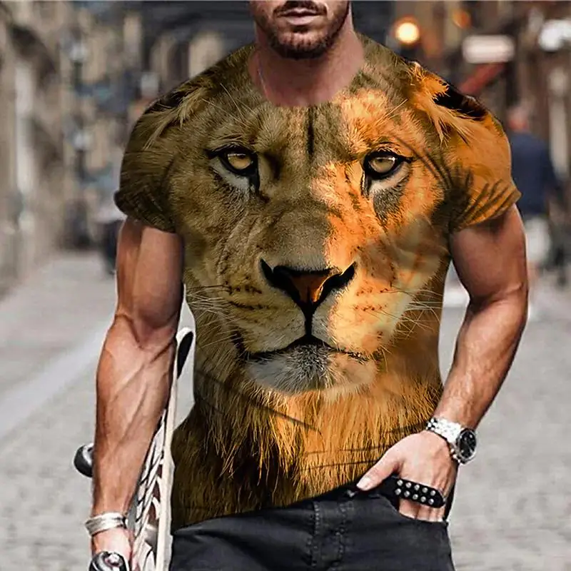 Animal T-Shirt for Men Short Lion/Tiger Print Tops Vintage Clothes Harajuku Casual Tees Oversized Summer T-Shirt Male Sweatshirt