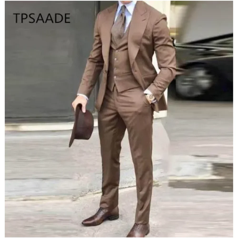 

Mens Suit Groom Tuxedos Brown Prom Wedding Men Suit Slim Fit Cotton Blend Formal Suit For Men Slim Fit 3pcs (Jacket+Pants+Vest)