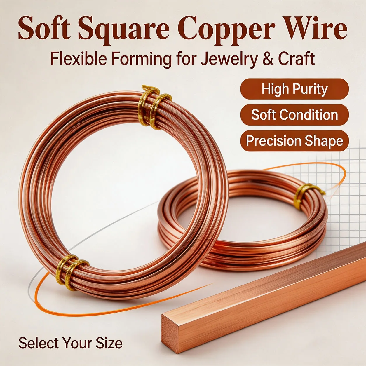 1-5Roll Coppers Square Wire 0.6mm 0.8mm 1mm, Coppers Flat Wire for Jewelry Making DIY Accessories