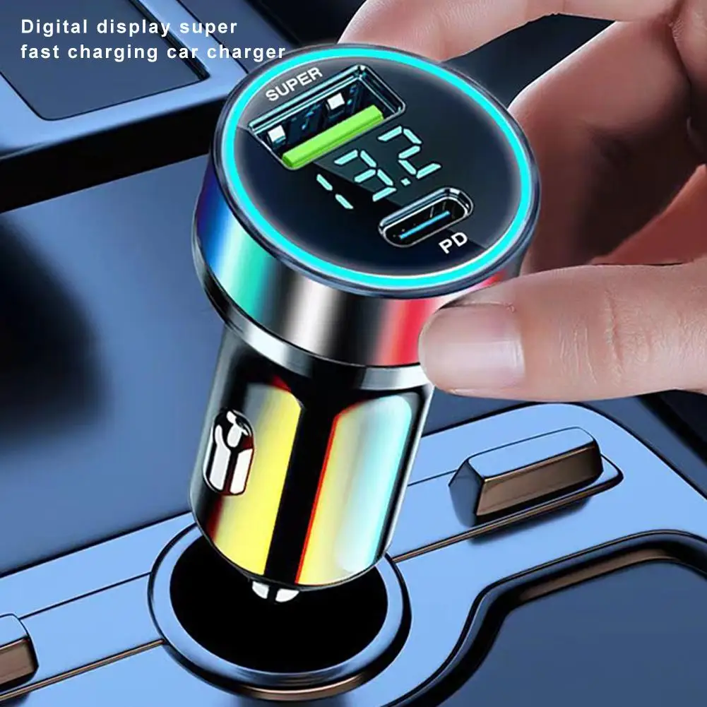 120W Super Fast Car Charger with LED Digital Voltage Display, USB-A + PD Type-C Dual Port Metal Cigarette Lighter Adapter