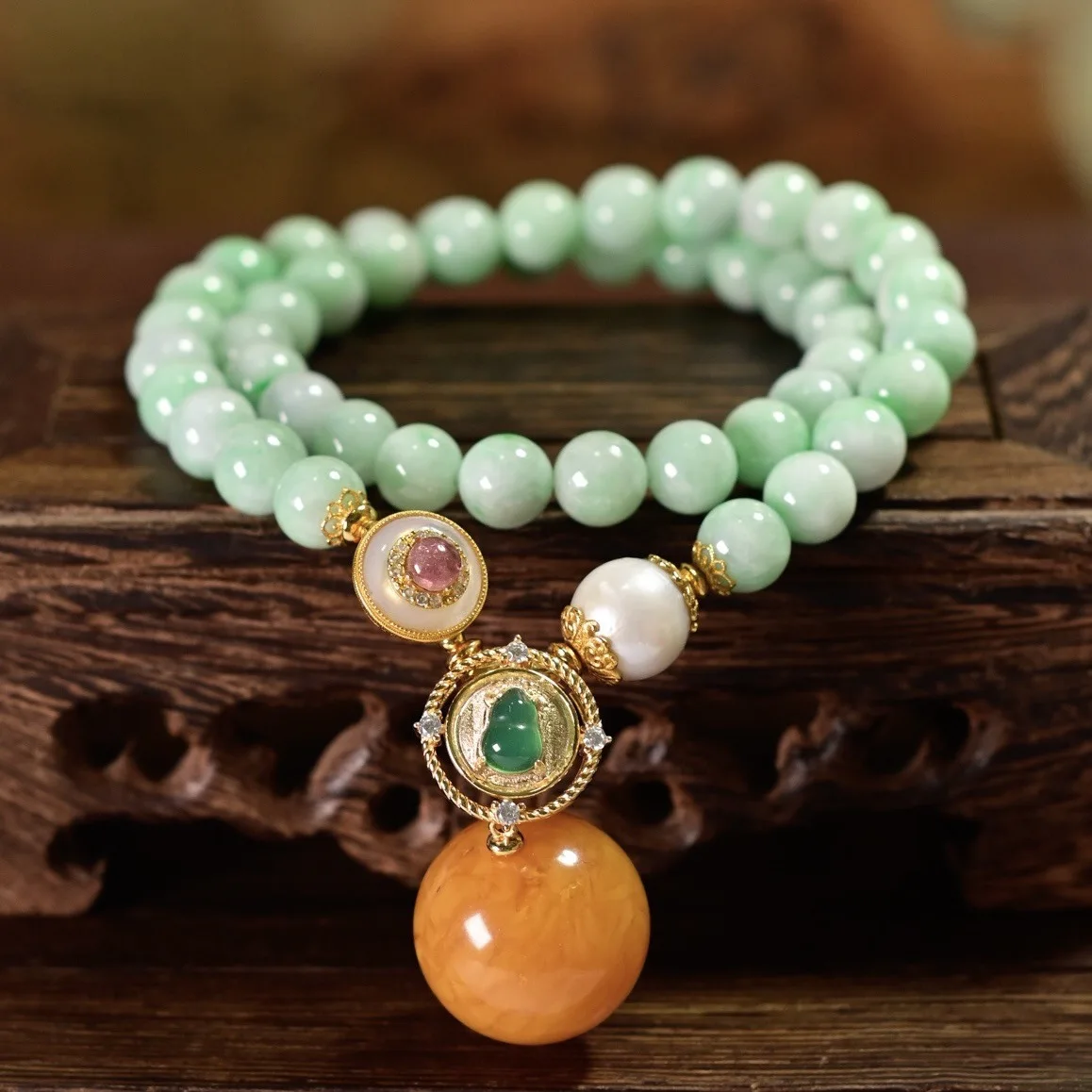 Natural Floating Flower A-Jadeite Double Loop Bracelet, Freshwater Pearl & Beeswax Pendant Gilded S925 Silver