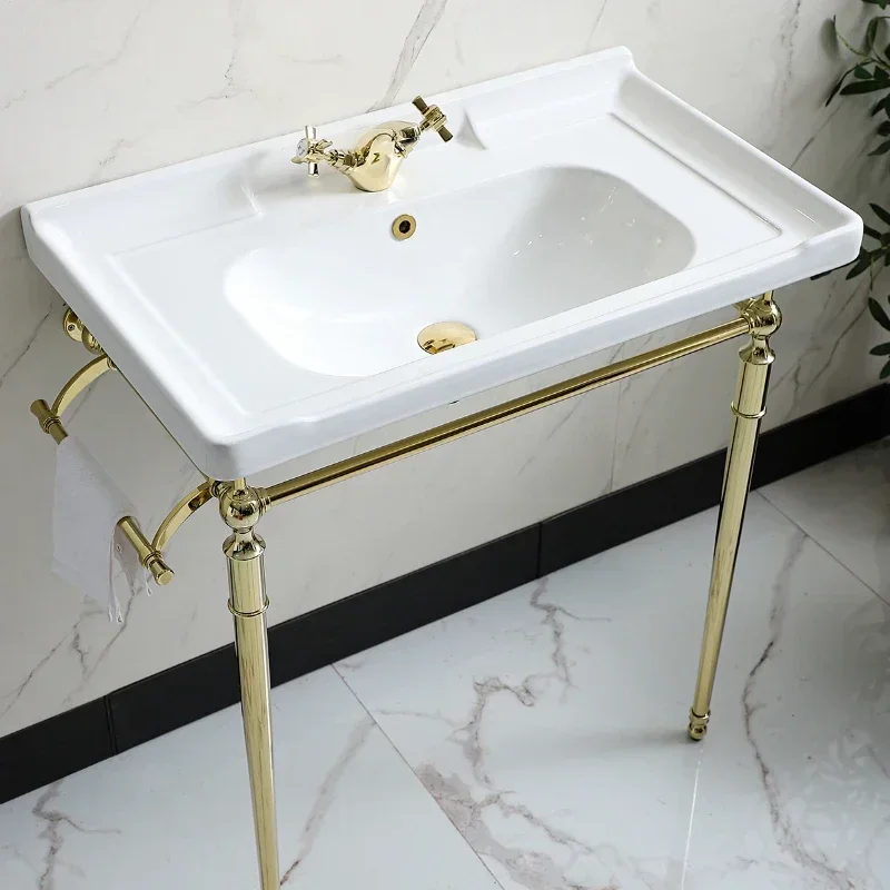 

Retro Simple Copper Bracket Washbasin Gold Floor Type Wash Basin Bathroom Cabinet Ceramic Whole Washbin