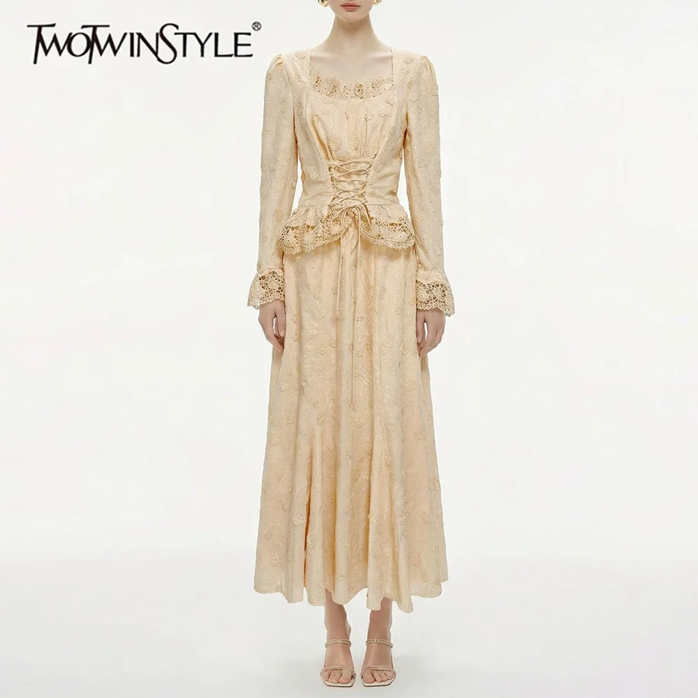 

TWOTWINSTYLE Solid Slimming Elegant Two Piece Sets for Women Square Neck Long Sleeves Patchwork Zipper Skirt Set Female Fashion