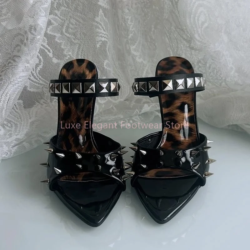 Black Rivet Leopard Print Pointed Toe Mules Sandals Women Open Toe Slip On Thin Heel Slippers Punk Sexy Party Club Summer Shoes