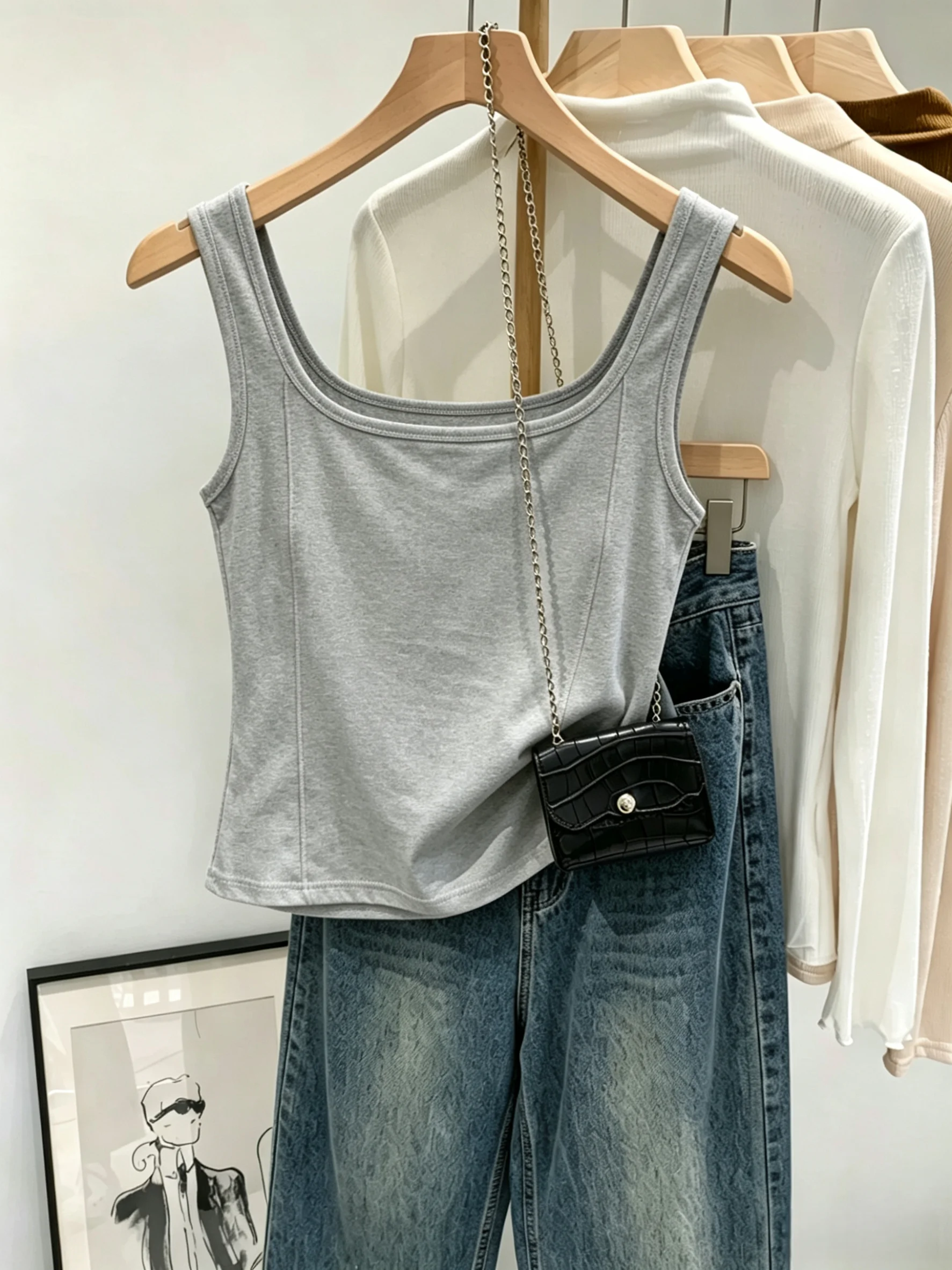 

Women's 95 Cotton Square Collar Strap Vest Sleeveless Base Shirt Summer New Style plus Size Slim Fit Inner And Outer Wear