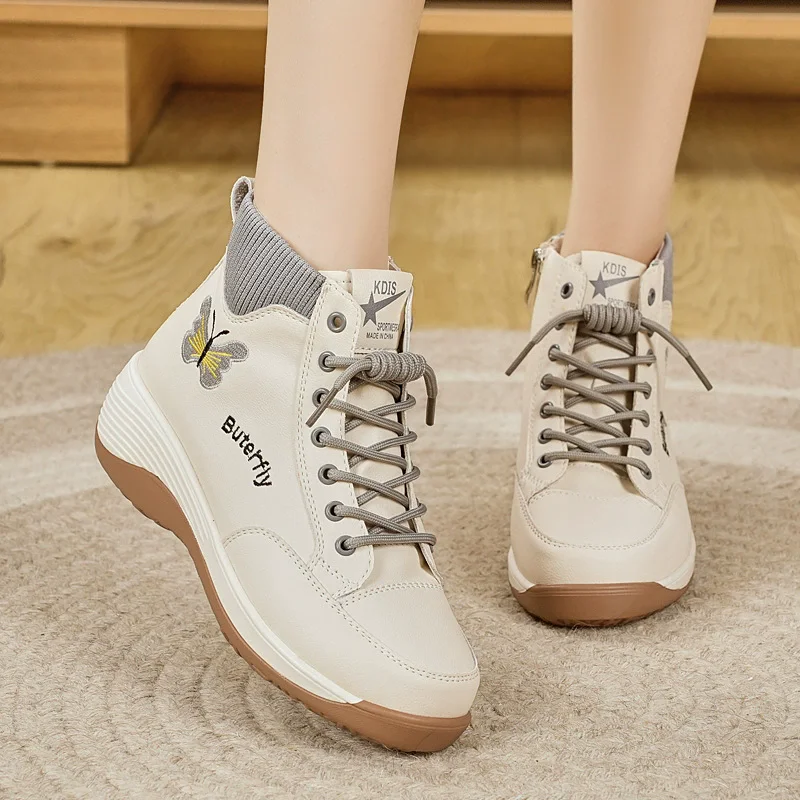 FSMG Retro Butterfly Texture Microfiber Thick Sole Short Boots Women's Casual Non-Slip Jogging Shoes Autumn Versatile High Top