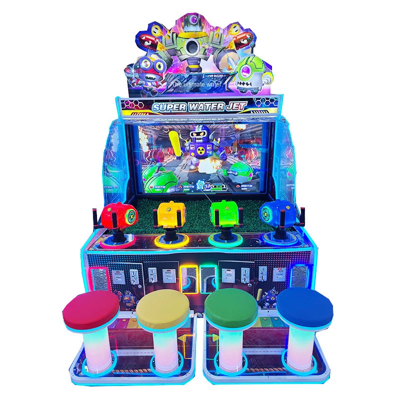 Máquina interactiva de videojuegos con chorro de agua para cuatro equipos de entretenimiento que funcionan con monedas para familias y niños en inglés para parques